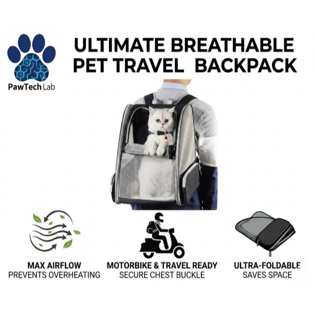 [PawTech Lab] กระเป๋าเป้แมว สุนัข รุ่นตาข่ายระบายอากาศ 360° พับได้ เป้อุ้มแมว ขี่มอเตอร์ไซค์ ไม่ร้อน รับ 8kg