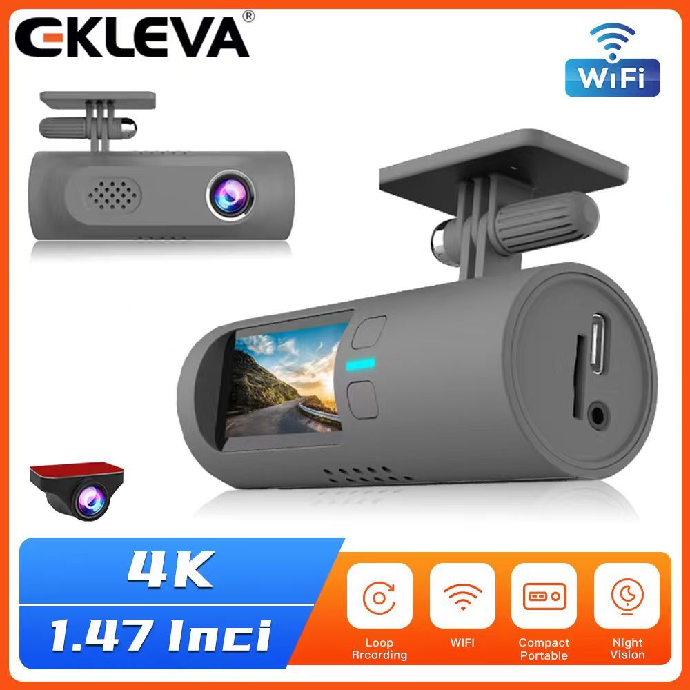 Ekleva กล้องบันทึกวิดีโอ HD 4K WiFi มุมกว้าง 150 องศา 1.47 นิ้ว สําหรับติดรถยนต์