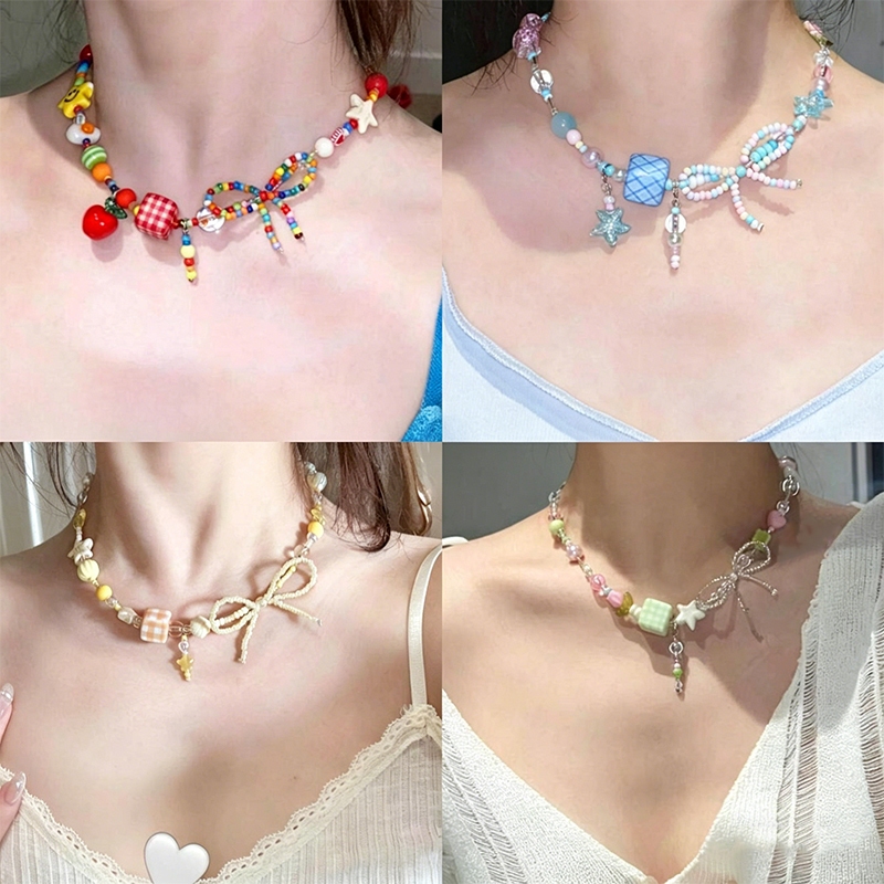 ฤดูร้อน โดปามีน โบว์ที่มีสีสันข้าวลูกปัดสร้อยคอสไตล์วันหยุดหวานกระดูกไหปลาร้าโซ่คอเครื่องประดับอุปกรณ์เสริมสําหรับผู้หญิง