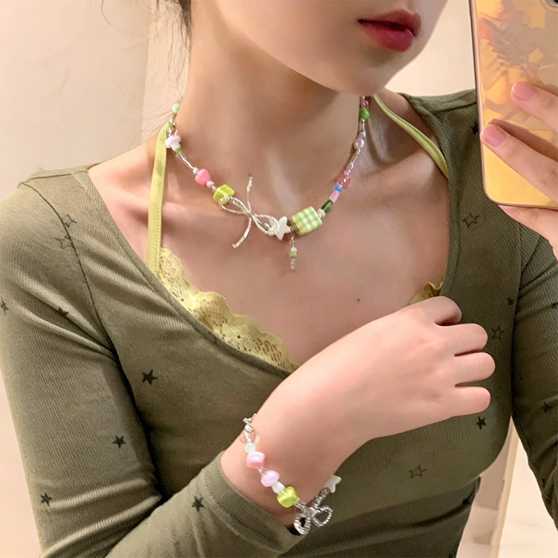 แฟชั่นสร้อยคอลูกปัดโบว์สีเขียว Star Candy Clavicle Chain สร้อยคอวันหยุดสไตล์เครื่องประดับอุปกรณ์เสริมสําหรับเด็กผู้หญิง