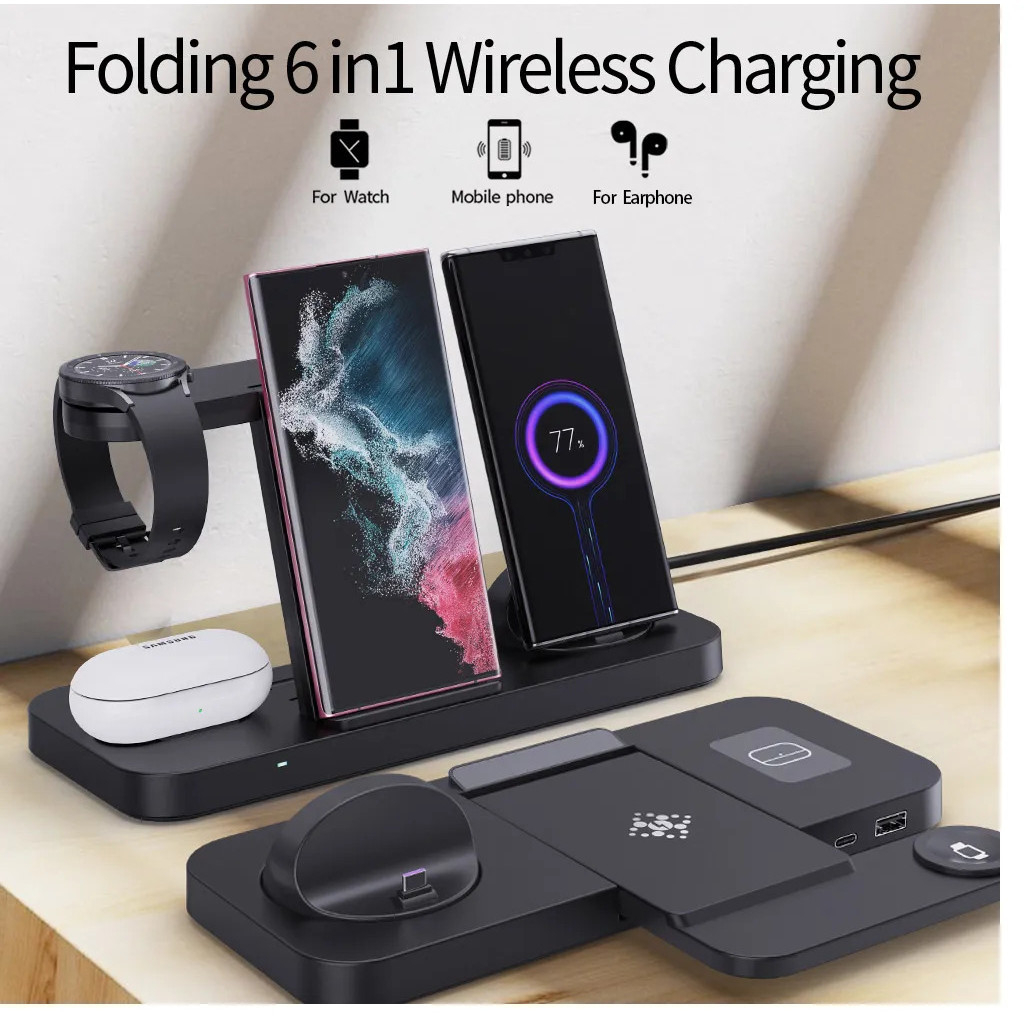 พับ 6 In 1 Wireless Charger สําหรับ Samsung S22 S21 S20 S10 หมายเหตุ Galaxy นาฬิกา 5 4 Active Buds Fast Charging Dock Station