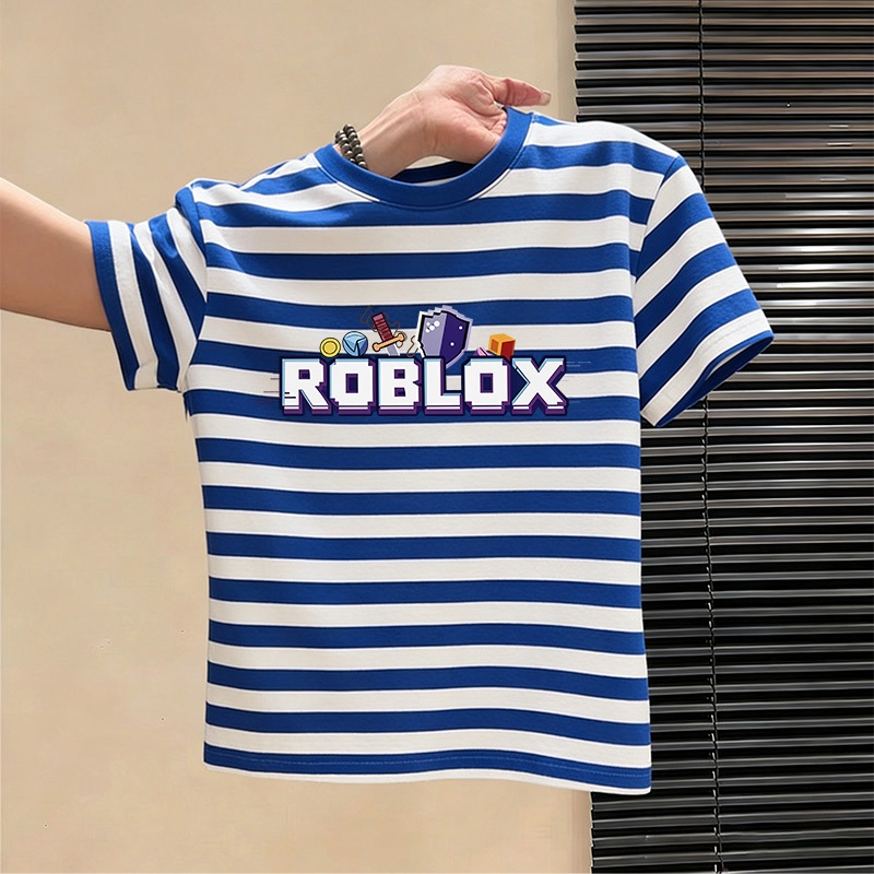 สินค้าพร้อมส่ง ส่งด่วน พิมพ์ NASA Roblox ลายทาง เสื้อยืดแขนสั้น ผ้าฝ้ายเด็กชายหญิง ฤดูร้อน