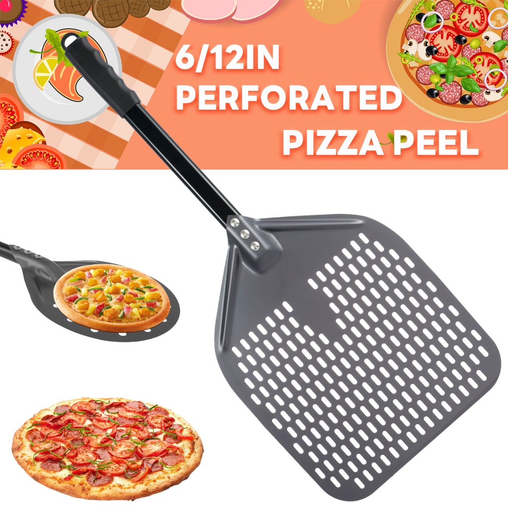 Perforated Pizza Peel 12 นิ้วอลูมิเนียมพิซซ่า Paddle Nonstick พิซซ่าเปลี่ยน Peel Anti-Scald Handle ทนความร้อนพิซซ่าไม้พาย Paddle