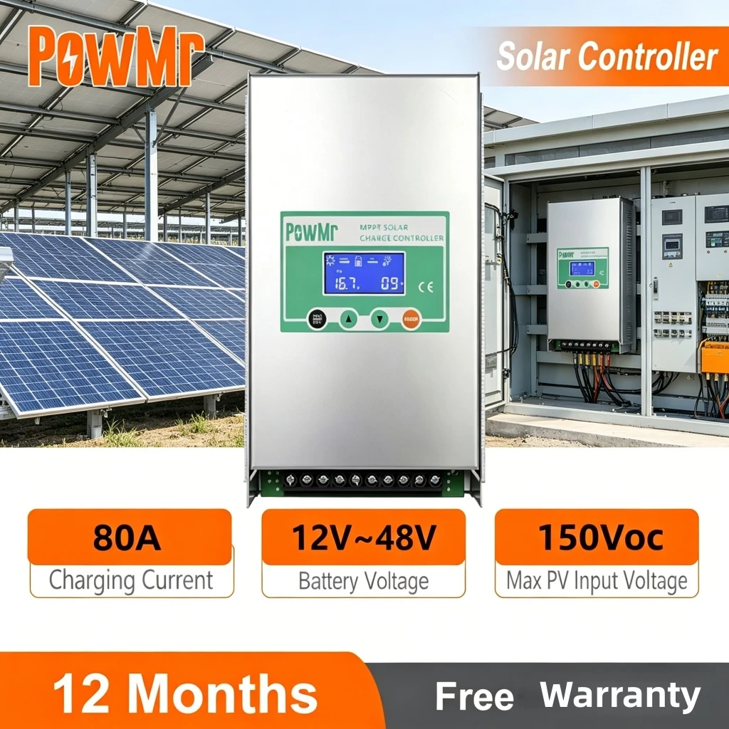 PowMr 80A MPPT คอนโทรลเลอร์ชาร์จพลังงานแสงอาทิตย์อัตโนมัติ 12V/24V/36V/48V Max PV อินพุต 150V รองรับแบตเตอรี่ลิเธียมประเภทแบตเตอรี่ทั้งหมด