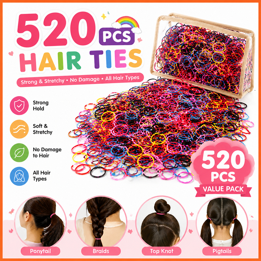 ชิ้นยางรัดผมสีดำ 520 ชิ้น สินค้าสำรองจำนวนมากสำหรับผู้หญิงและเด็ก ยืดหยุ่นได้ดี ทนทาน