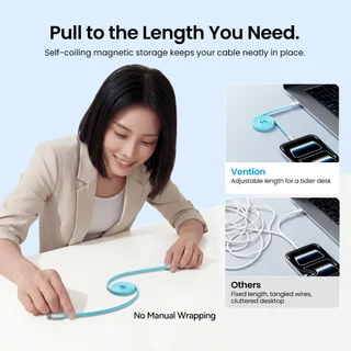 Vention 240W USB-C Magnetic Fast สายชาร์จ Self-Coiling สําหรับ Tangle-Free Storage Ultra-Slim 4.5 มม.เชื่อมต่อ E-Marker 480Mbps Data Transfer Braided สายทนทาน