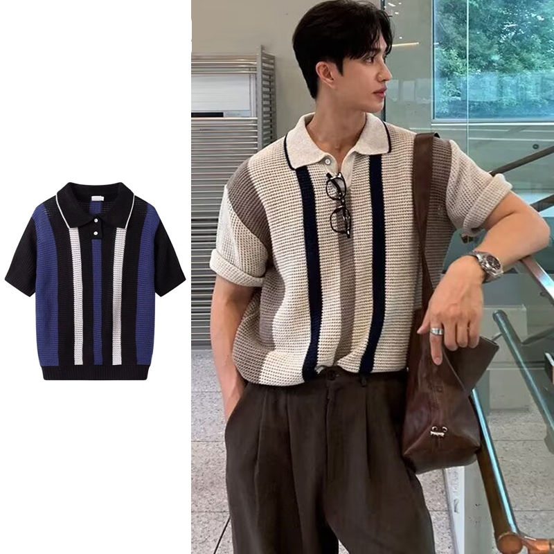 เอร์เชนชิ เสื้อโปโลแขนสั้นผ้าถักสไตล์เกาหลีฤดูร้อนสําหรับผู้ชาย