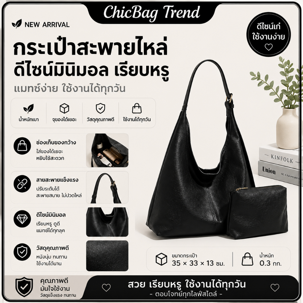 [คลังสินค้าพร้อม] กระเป๋า Tote ผู้หญิง – ความจุขนาดใหญ่ ดีไซน์เรียบหรู | กระเป๋าสะพายข้าง ใช้เดินทางทุกวัน ไปทำงาน