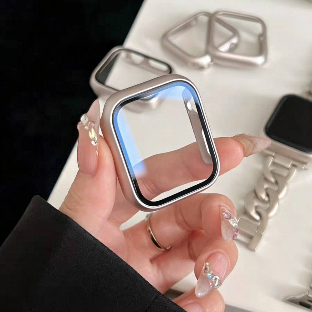กระจกนิรภัยกันรอยหน้าจอ PC กันกระแทก + กรอบเคส สําหรับ Apple Watch Series 11/10/9/8/7 42/46/41/45/38/40/44 มม.