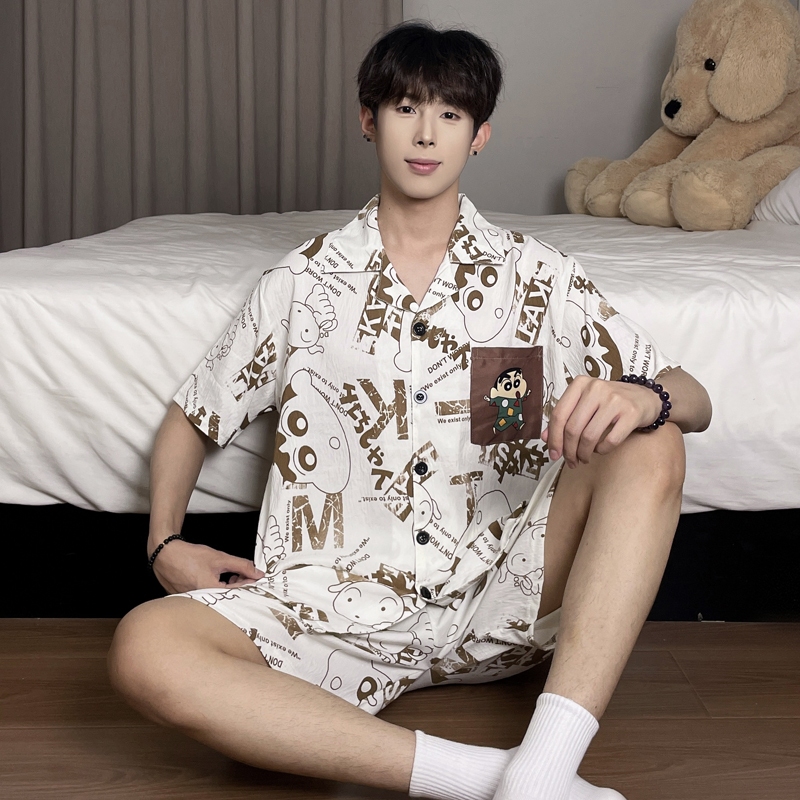 ผู้ชายฤดูร้อนแขนสั้นชุดนอนชุดการ์ตูนจดหมายพิมพ์ผ้าไหมน้ําแข็งหลวม ชุดบ้าน สวมใส่ได้สบายๆ