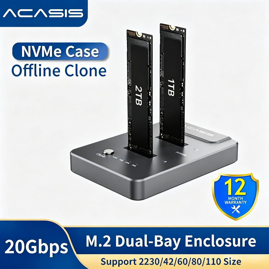 ACASIS typec USB 20Gpbs ถึง NVME Dual-Bay NVME Docking Station สําหรับ M2 SSD Key M, รองรับ Offline Clone Duplicator และฟังก์ชั่นการนอนหลับอัตโนมัติ