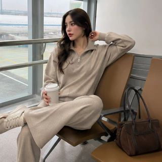 Malimays Zipper Airport Set ชุดเซตเสื้อ+กางเกง คอครึ่งซิปผ้าสัมผัสนุ่มสไตล์แอร์พอร์ตลุค ใส่ได้ทุกวัน
