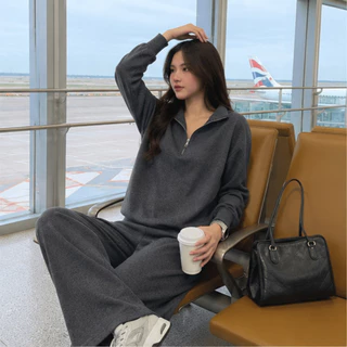 Malimays Zipper Airport Set ชุดเซตเสื้อ+กางเกง คอครึ่งซิปผ้าสัมผัสนุ่มสไตล์แอร์พอร์ตลุค ใส่ได้ทุกวัน
