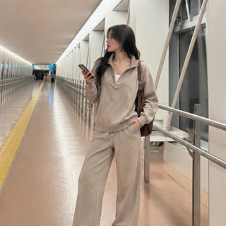 Malimays Zipper Airport Set ชุดเซตเสื้อ+กางเกง คอครึ่งซิปผ้าสัมผัสนุ่มสไตล์แอร์พอร์ตลุค ใส่ได้ทุกวัน