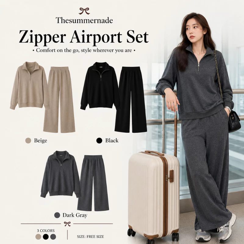 Malimays Zipper Airport Set ชุดเซตเสื้อ+กางเกง คอครึ่งซิปผ้าสัมผัสนุ่มสไตล์แอร์พอร์ตลุค ใส่ได้ทุกวัน