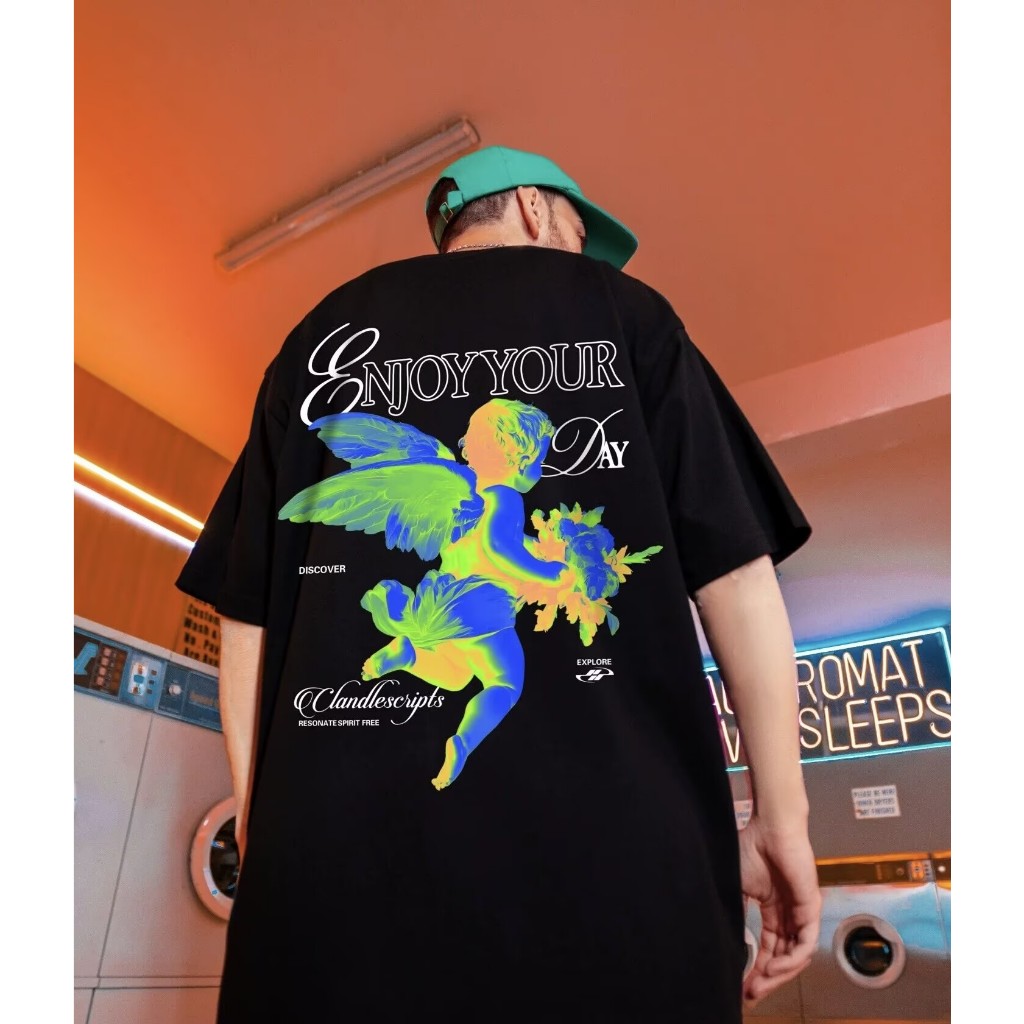 Unisex ขนาดใหญ่ "Enjoy Your Day" Neon Angel เสื้อยืดกราฟิก, Casual Streetwear Tee สําหรับผู้ชายและผู