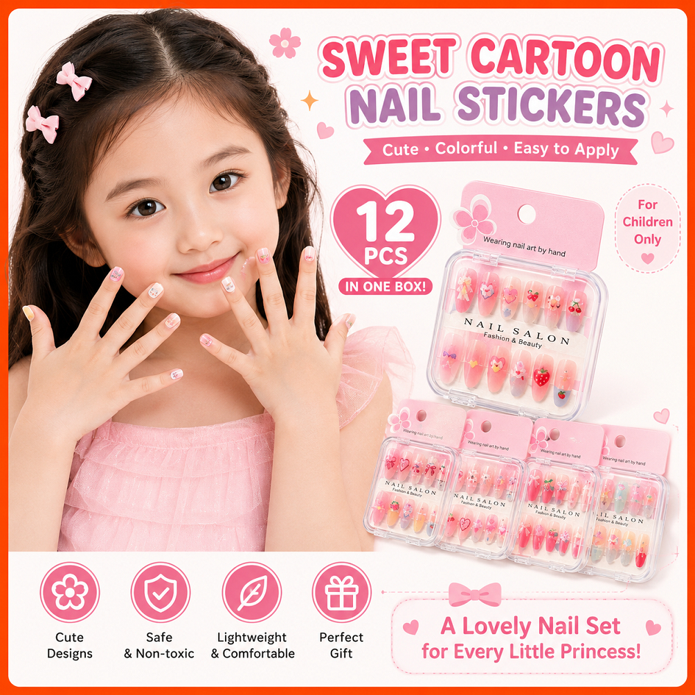 Kids Press On Nails 2026 | เล็บปลอมการ์ตูนสติ๊กเกอร์ติดเล็บไร้กลิ่นปลอดภัย