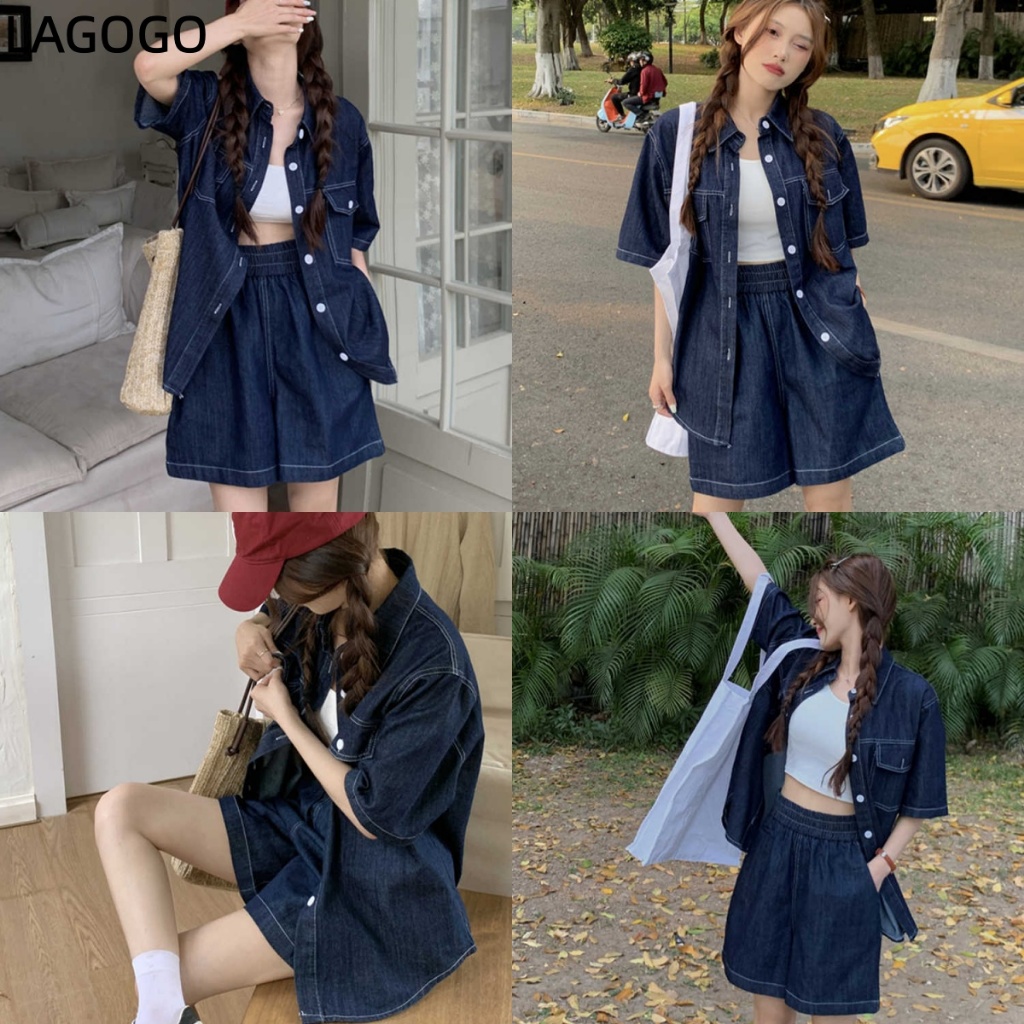 ลําลองแฟชั่นย้อนยุคเสื้อแขนสั้นด้านบนชุดผ้ายีนส์ผู้หญิงชุดสองชิ้น