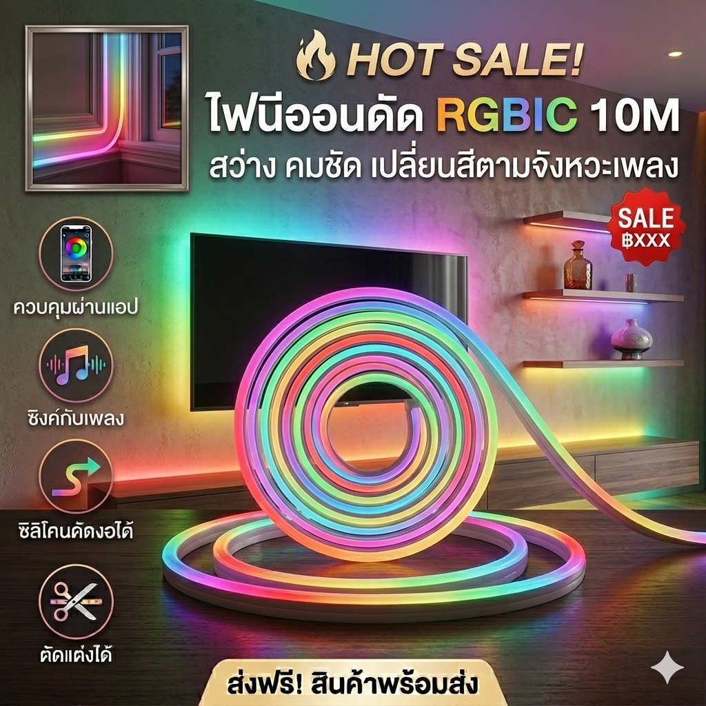 ไฟเส้น RGB RGBIC หลายสีพร้อมกัน 🌈 210 โหมดไฟ ไฟตกแต่งห้อง Rainbow Effect ตัดได้อิสระ