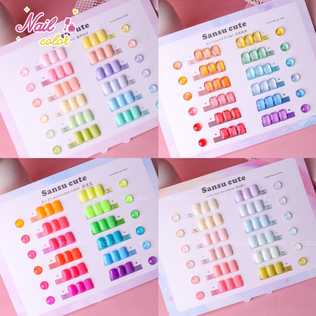 [กรุงเทพฯ พร้อมสต็อก] sansu12 สี, 4 สียอดนิยมแฟชั่น (มาการอง/เรืองแสง/สีโปร่งใส/สีนู้ด) ติดทนนานไม่หลอก เหมาะสําหรับแต่งเล็บน่ารัก/สาว ชุดแต่งเล็บ ทางเลือกต่างๆ