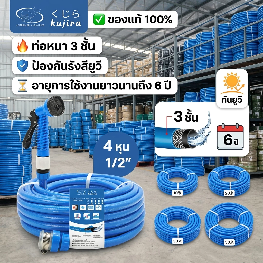 สายยาง 4 หุน 1/2 นิ่มเด้ง ไม่แข็งกรอบ 10-50 เมตร สำหรับรดน้ำและล้างรถ