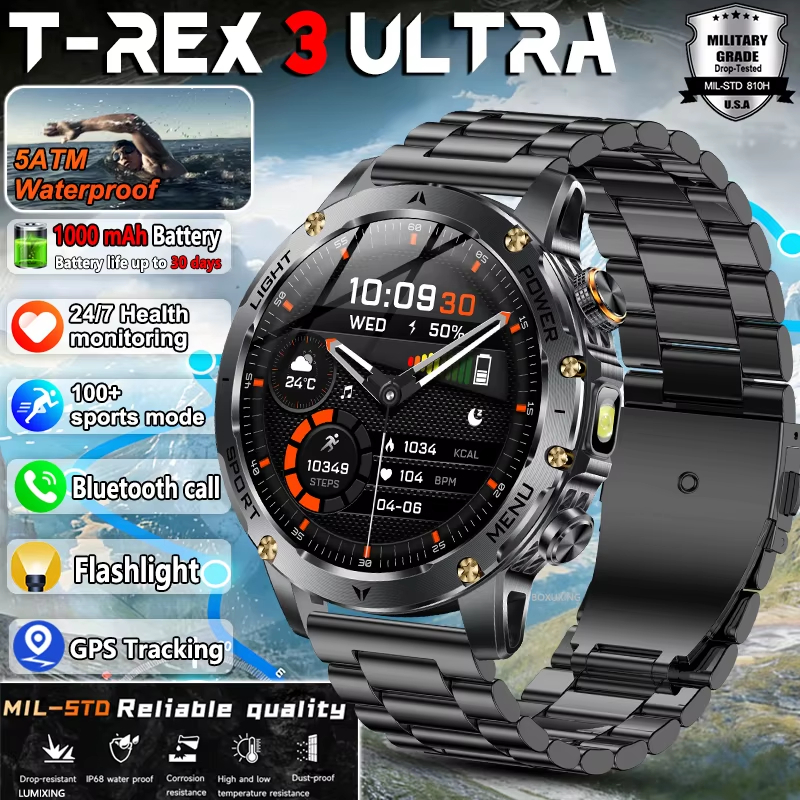 2026 ใหม่ T-Rex 3 Ultra ทหารเกรด 1000mAh แบตเตอรี่สมาร์ทวอท์ชผู้ชาย IP68 กันน้ํากีฬาฟิตเนสบลูทูธโทร 