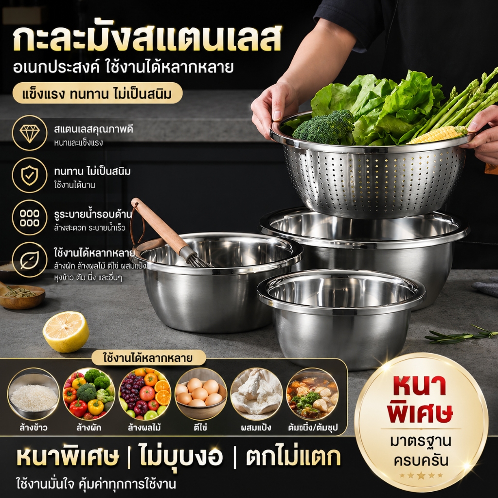 ✨ส่งจากไทย✨กะละมังสแตนเลส 304 มีรู ตะแกรงล้างผักผลไม้  ไม่ขึ้นสนิม ใช้ดี ช่วยให้ผัก ผลไม้ เสด็จน้ำ