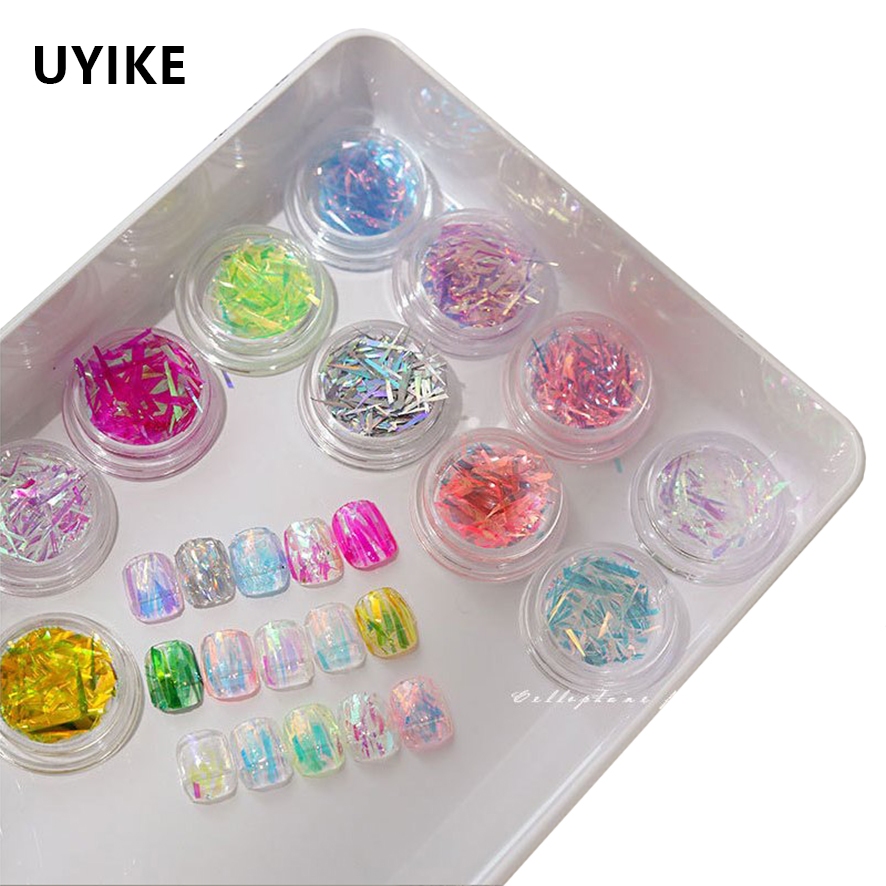 UYIKE Nail Art Glitter Sequins Pre-cut Aurora Glass Shards สติ๊กเกอร์สีสันสดใส Iridescent Glass Cellophane Pads เครื่องประดับ