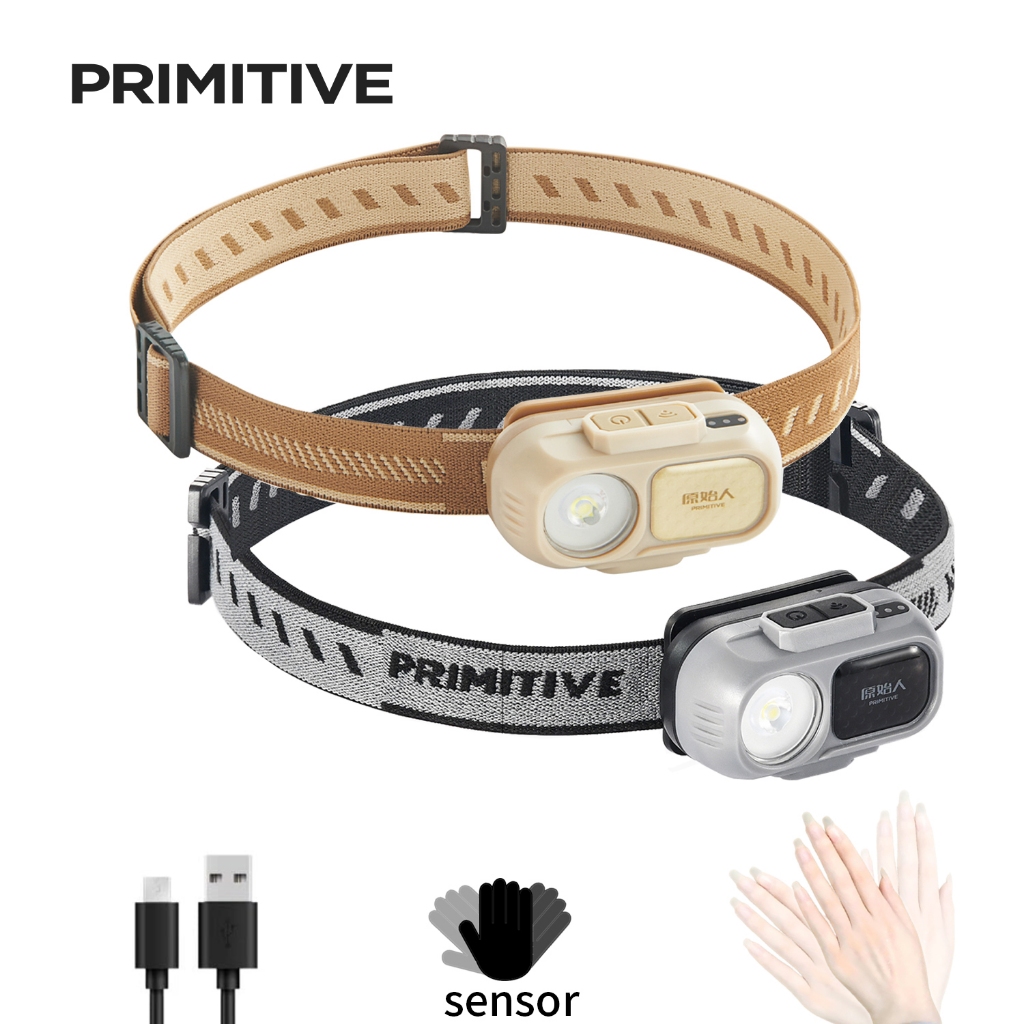 PRIMITIVE ไฟฉายคาดหัว 300lm เซนเซอร์ เบา 39g ชาร์จ USB กันน้ำ แบตอึด 16ชม. ตกปลา วิ่งเทรล แคมป์ปิ้ง