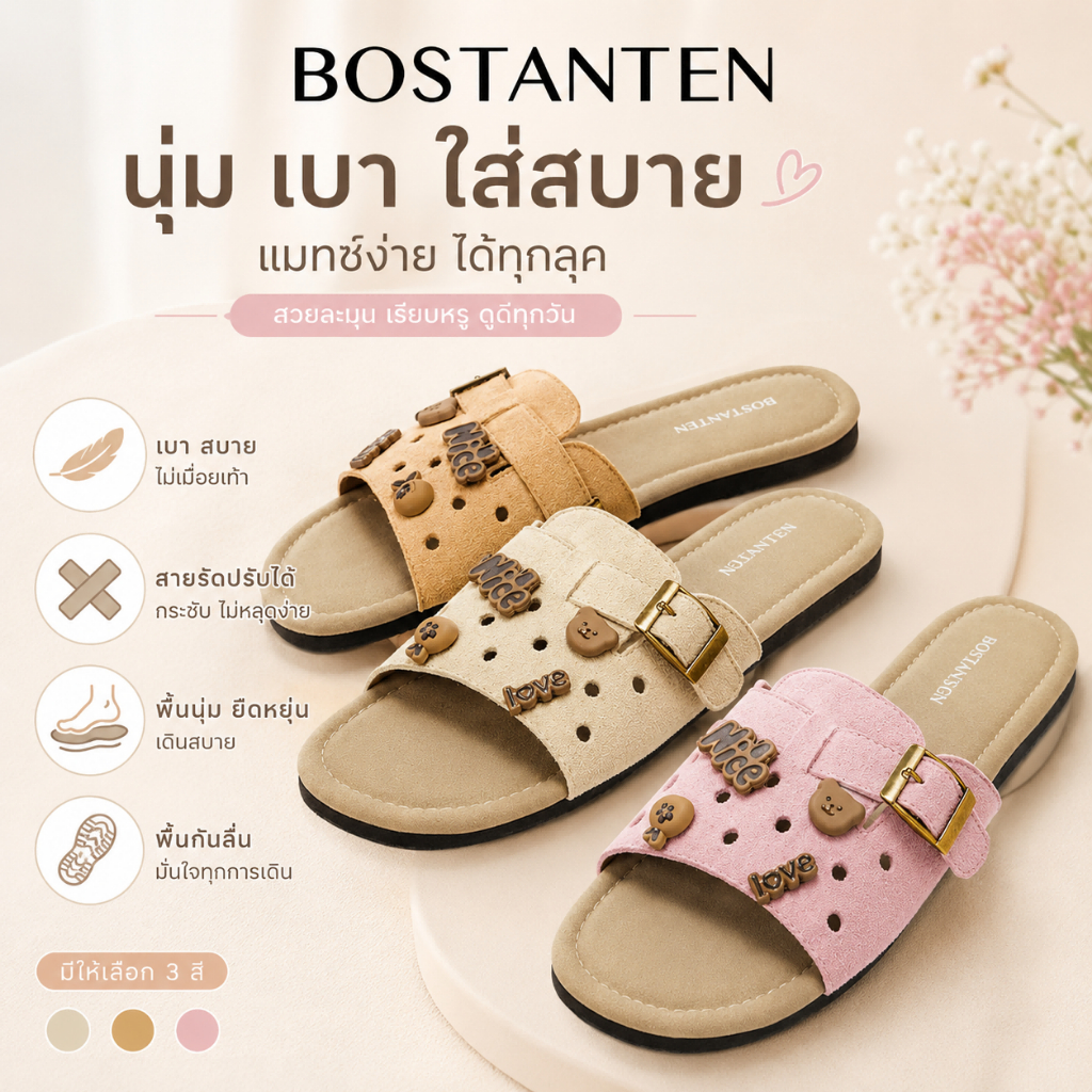 BOSTANTEN LuxChoco Berry รองเท้าแตะผู้หญิง นุ่มสบาย พื้นนุ่ม กันลื่น ตกแต่ง DIY ได้เอง สไตล์แฟชั่นเกาหลี เข้ากับทุกชุด
