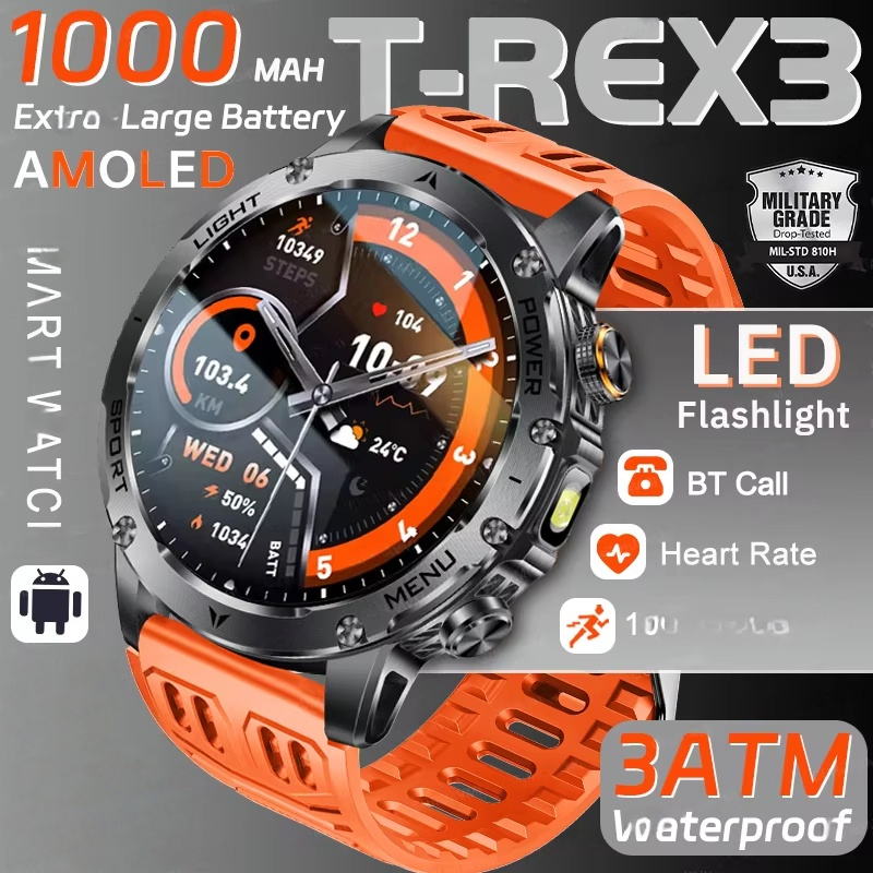 2026 ใหม่ทหาร T-Rex 3 Ultra 1000mAh แบตเตอรี่สมาร์ทนาฬิกา 5ATM ไฟฉายกันน้ํา Heart Rate กีฬา tracker 