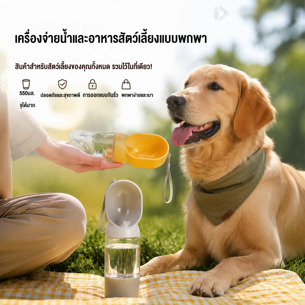 ขวดน้ำสัตว์เลี้ยงพกพา 2-in-1 550ml ป้องกันรั่ว สำหรับหมาแมว