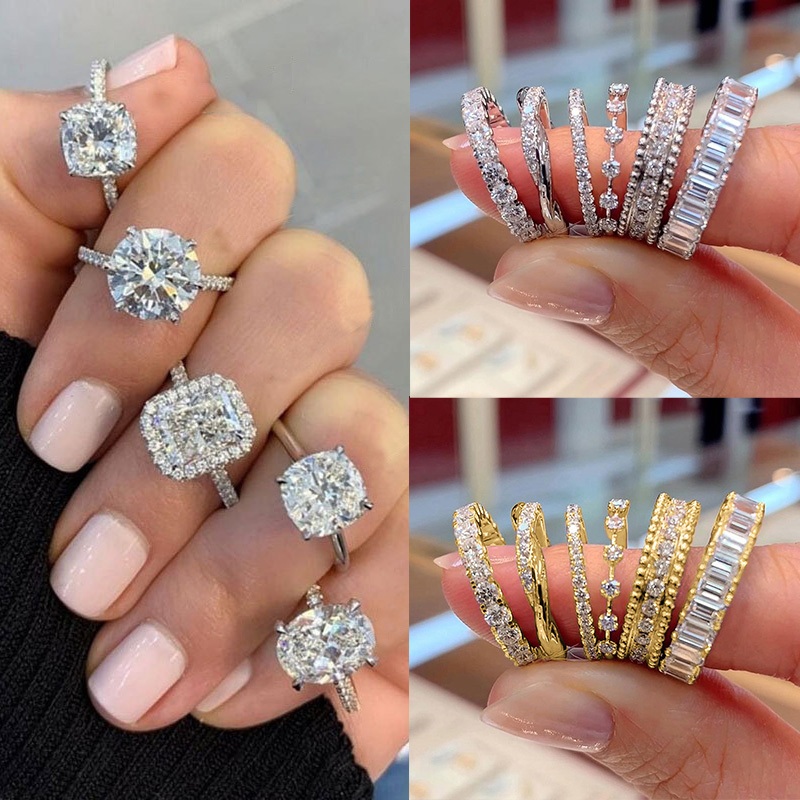 แหวน Cubic Zirconia ประกายสําหรับผู้หญิงอินเทรนด์ค็อกเทลปาร์ตี้เครื่องประดับงานแต่งงาน