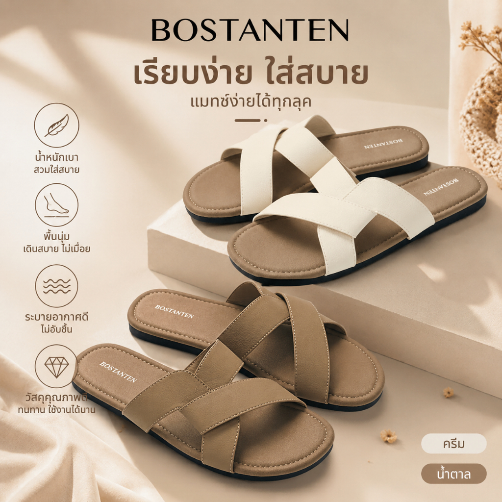【รีสต็อกแล้ว! พร้อมส่ง】BOSTANTEN Coco รองเท้าแตะผู้หญิง สายไขว้ พื้นนุ่ม ใส่สบาย สไตล์มินิมอล น้ำหนักเบา กันลื่น ระบายอากาศ