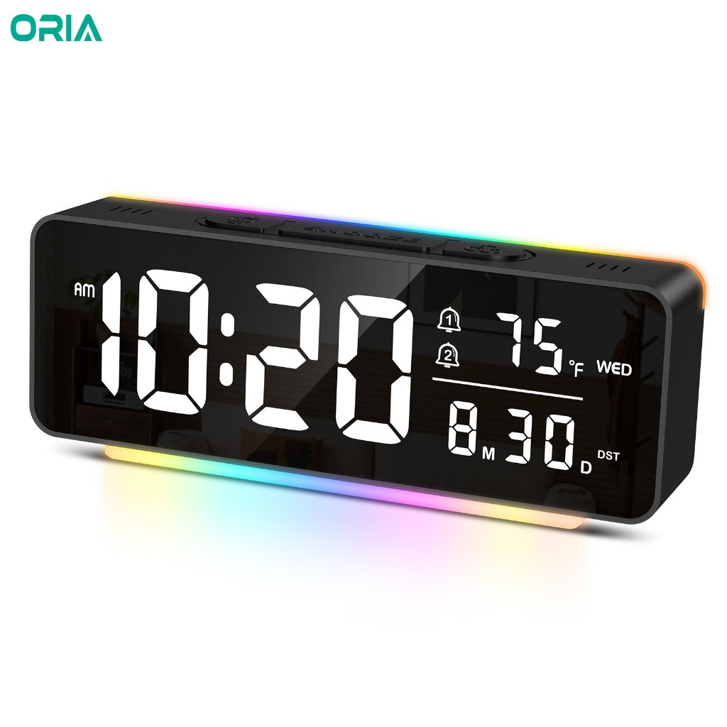ORIA 6.5 นิ้วนาฬิกาปลุกนาฬิกาข้างเตียงอุณหภูมิเวลาวันที่สัปดาห์และ 11 สีสัน Ambient Light สําหรับตกแต่งห้องนอนบ้าน
