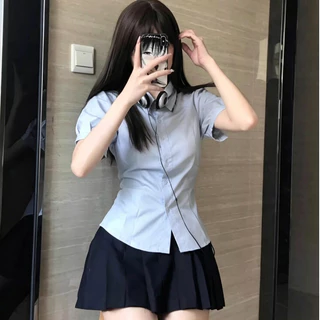 เสื้อเชิ้ตแขนยาวพัฟ JK Y2K สไตล์สาวอินเทรนด์สุดเซ็กซี่บริสุทธิ์ ดีไซน์ผูกเชือกด้านหลัง