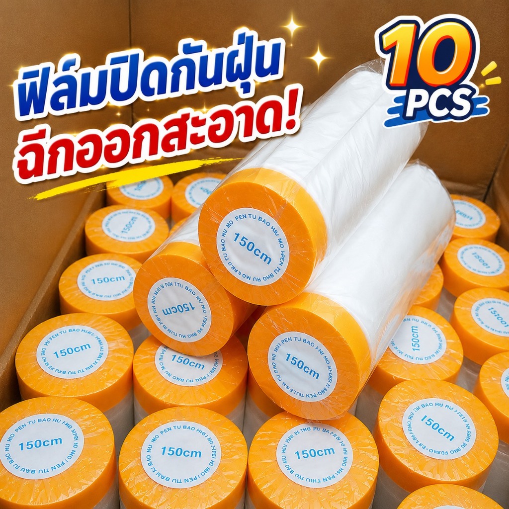 10PCS พลาสติกปิดพ่นสี พลาสติกคลุมกันฝุ่นเฟอร์นิเจอร์ ผ้าคลุมกันฝุ่นสำหรับหอพัก น้ำหนักเบา มีกาวในตัว