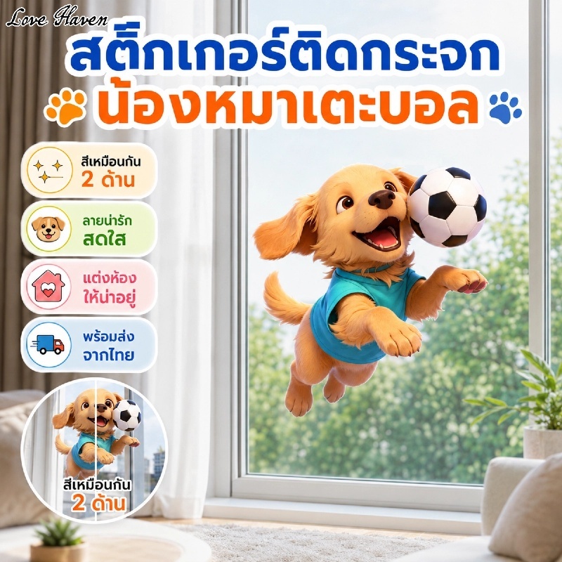 [Love Haven] สติกเกอร์แก้วลูกสุนัขเล่นบอลรูปแบบพีวีซีสติกเกอร์ตกแต่งครัวเรือน ร้านค้าตกแต่งกันน้ําง่ายต่อการ-ติด ถอดออกได้
