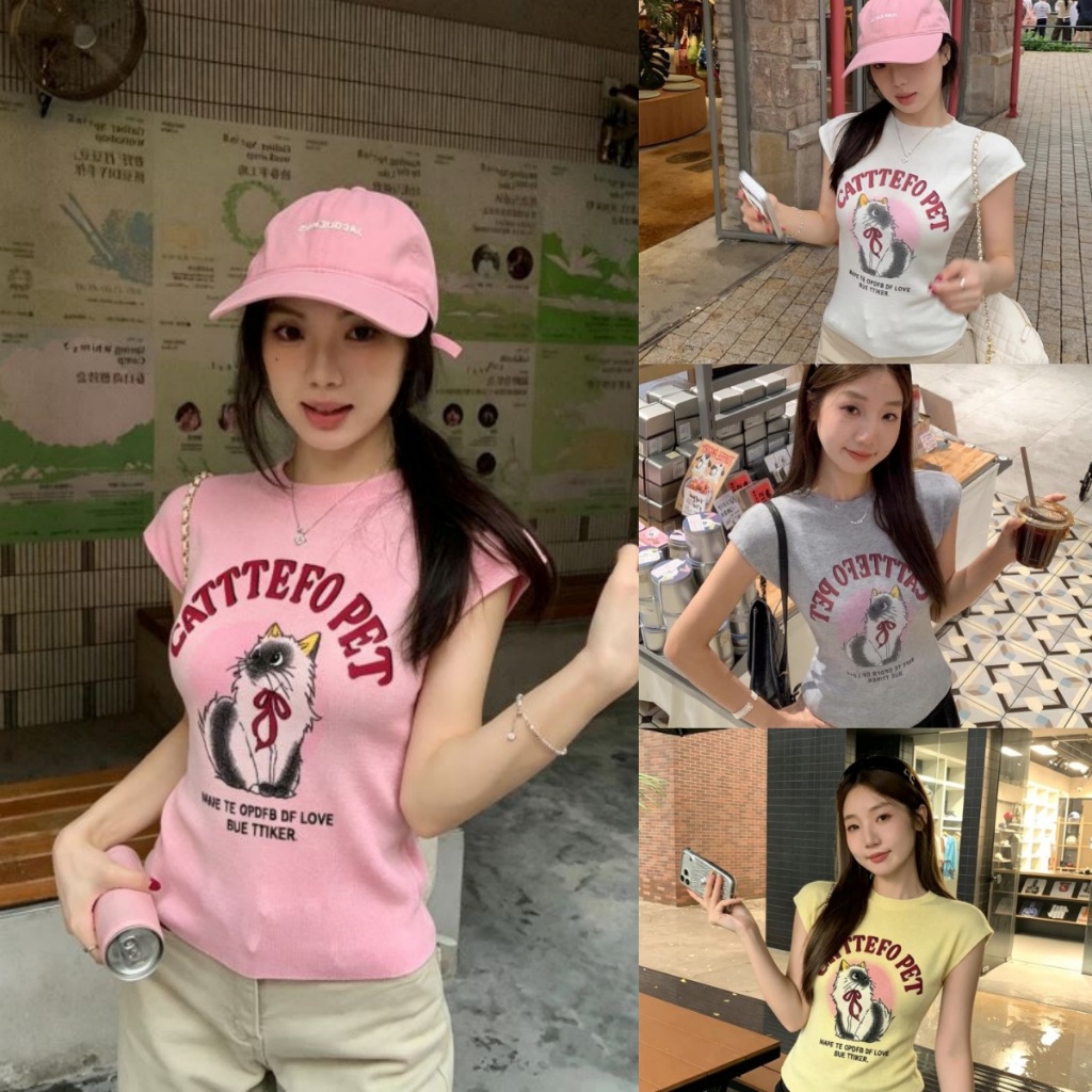 เสื้อไหมพรม เสื้อถักแขนกุด ลายแมวสุดน่ารัก สไตล์ยูทูเค รีโทร เสื้อครอปทรงสลิม รัดรูป โชว์เอว ตัดสี