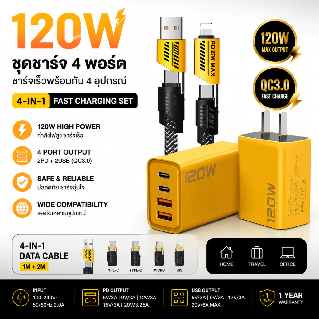 ชุดชาร์จเร็ว 4in1 120W/65W QC3.0 หัวชาร์จหลายพอร์ต 2PD+2USB พร้อมสายซิลิโคน 2 เส้น Type-C/Micro ส่งข้อมูล รับประกัน 1 ปี