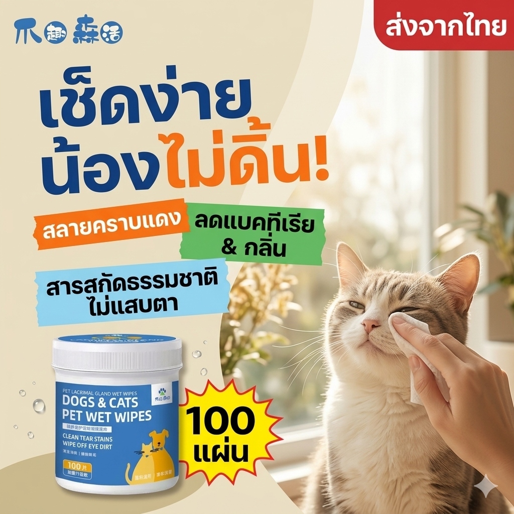 แผ่นเช็ดตา สุนัข แมว (100 ชิ้น) ลดคราบน้ำตา เช็ดขี้ตาแข็ง ลดเชื้อรา สูตรสารสกัดจากพืช ไม่ระคายเคือง