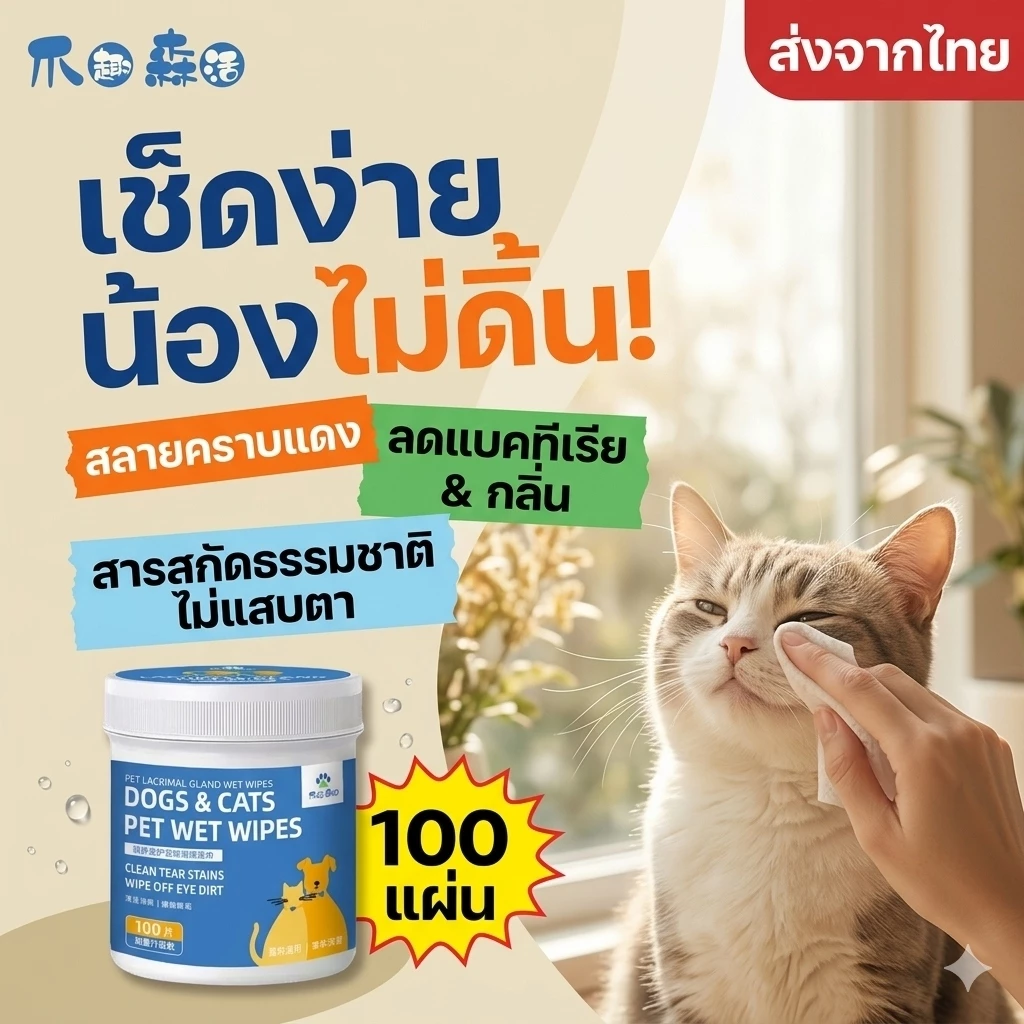 แผ่นเช็ดตาหมาแมว ทิชชู่เปียกสัตว์เลี้ยง ลดคราบน้ำตา เช็ดขี้ตาแข็ง ลดเชื้อรา สูตรอ่อนโยน ไม่ระคายเคือง สารสกัดธรรมชาติ ปลอดภัย 100ชิ้น