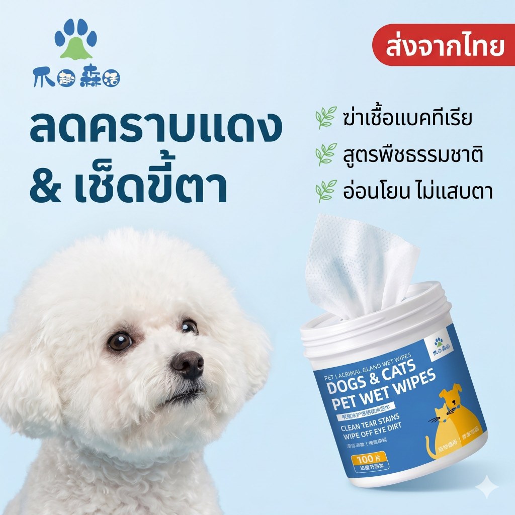 แผ่นเช็ดตา สุนัข แมว แผ่นใหญ่ ลดคราบน้ำตา เช็ดขี้ตาแข็ง ลดรอยแดงรอบดวงตา สูตรอ่อนโยน ไม่แสบตา