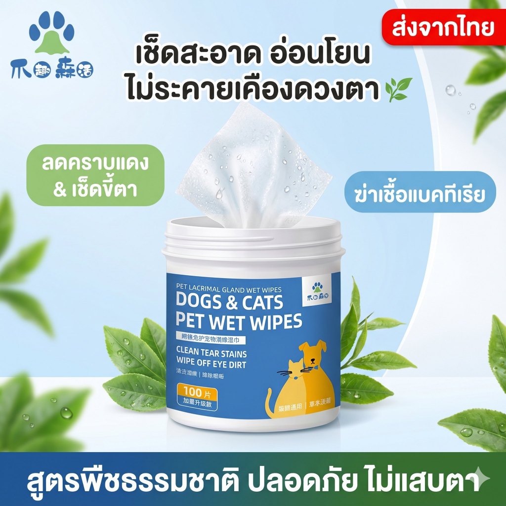 แผ่นเช็ดตา สุนัข แมว ลดคราบน้ำตา (Tear Stain) เช็ดทำความสะอาดรอบดวงตา ลดรอยแดง ไม่แสบตา 100% Natural