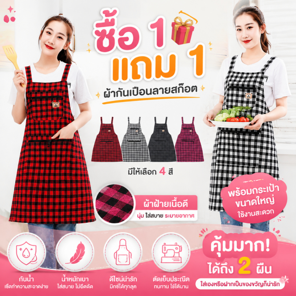 ซื้อ 1 แถม 1ผ้ากันเปื้อนผู้ใหญ่มีซิปกระเป๋าคู่แขนกุดสายรัดไหล่ 2 สายคาดเอวผ้ากันเปื้อนครัวป้องกันคราบและสิ่งสกปรก