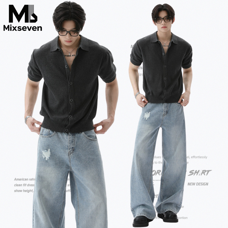 MIXSEVEN-เสื้อยืดแขนสั้นผู้ชาย สไตล์อเมริกันเรโทร คอปก แต่งกระดุมแถว  ทรงหลวม สไตล์เรียบง่าย ใส่ได้ทุกโอกาส