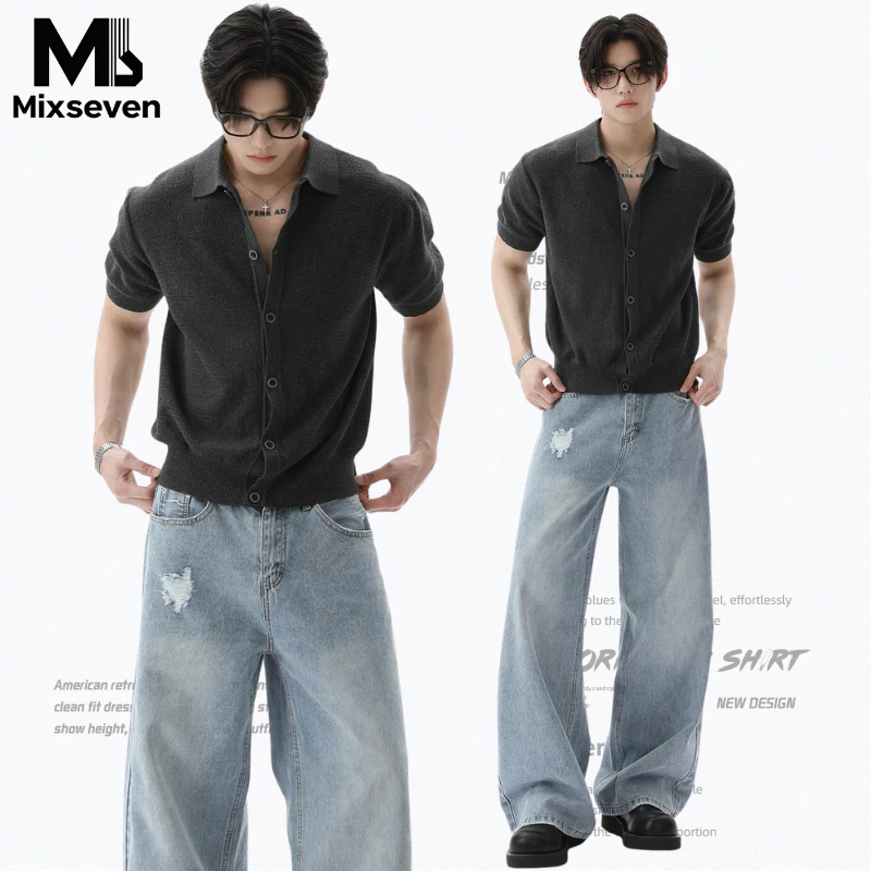 MIXSEVEN-เสื้อยืดแขนสั้นผู้ชาย สไตล์อเมริกันเรโทร คอปก แต่งกระดุมแถว ทรงหลวม สไตล์เรียบง่าย ใส่ได้ทุกโอกาส