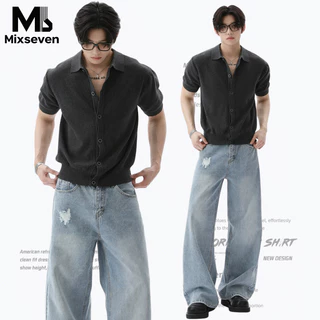 MIXSEVEN-เสื้อยืดแขนสั้นผู้ชาย สไตล์อเมริกันเรโทร คอปก แต่งกระดุมแถว ทรงหลวม สไตล์เรียบง่าย ใส่ได้ทุกโอกาส