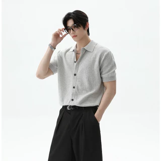 MIXSEVEN-เสื้อยืดแขนสั้นผู้ชาย สไตล์อเมริกันเรโทร คอปก แต่งกระดุมแถว ทรงหลวม สไตล์เรียบง่าย ใส่ได้ทุกโอกาส