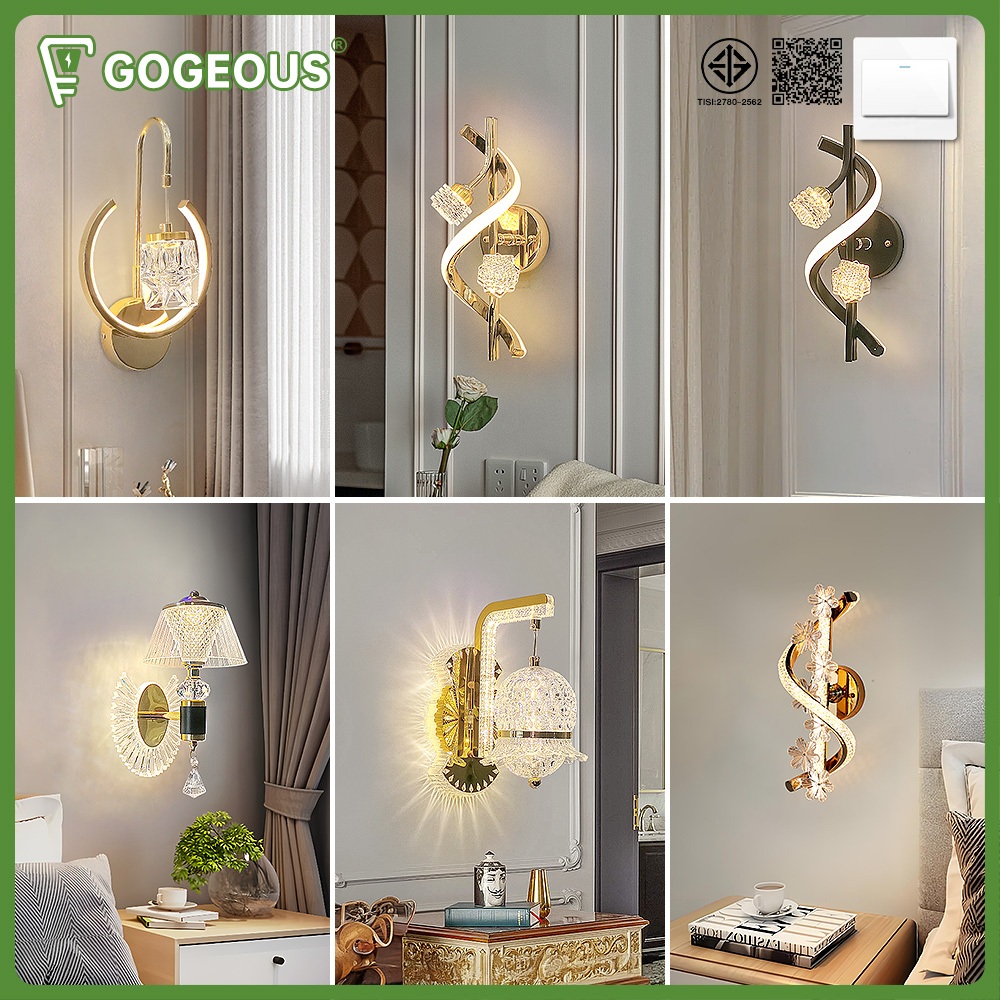 GOGEOUS ไฟติดผนัง LED การปรับแสง 3 สี หรูหรา เหมาะสำหรับห้องนอน/ห้องนั่งเล่น ทอง คริสตัล ไฟตกแต่ง